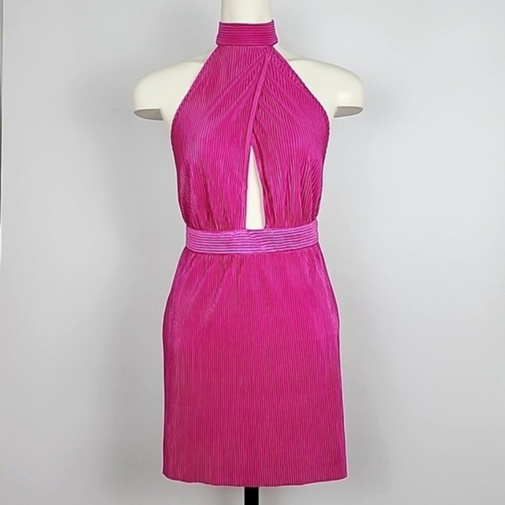 Sincerley Jules Women's Hot Pink Pleated Cross Over Halter Dress Lined Sz Medium